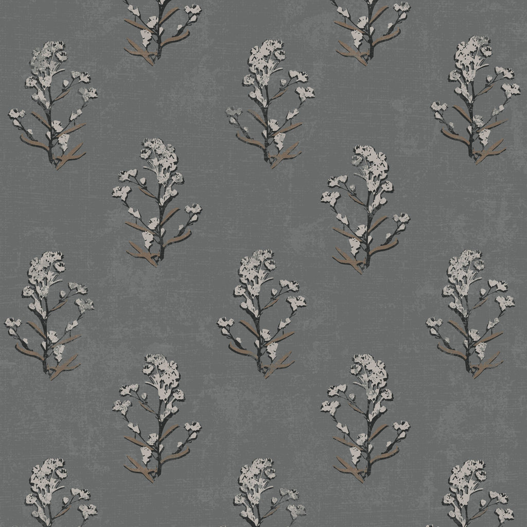 Slate floral wallpaper with white blossoms and branches on a textured background.