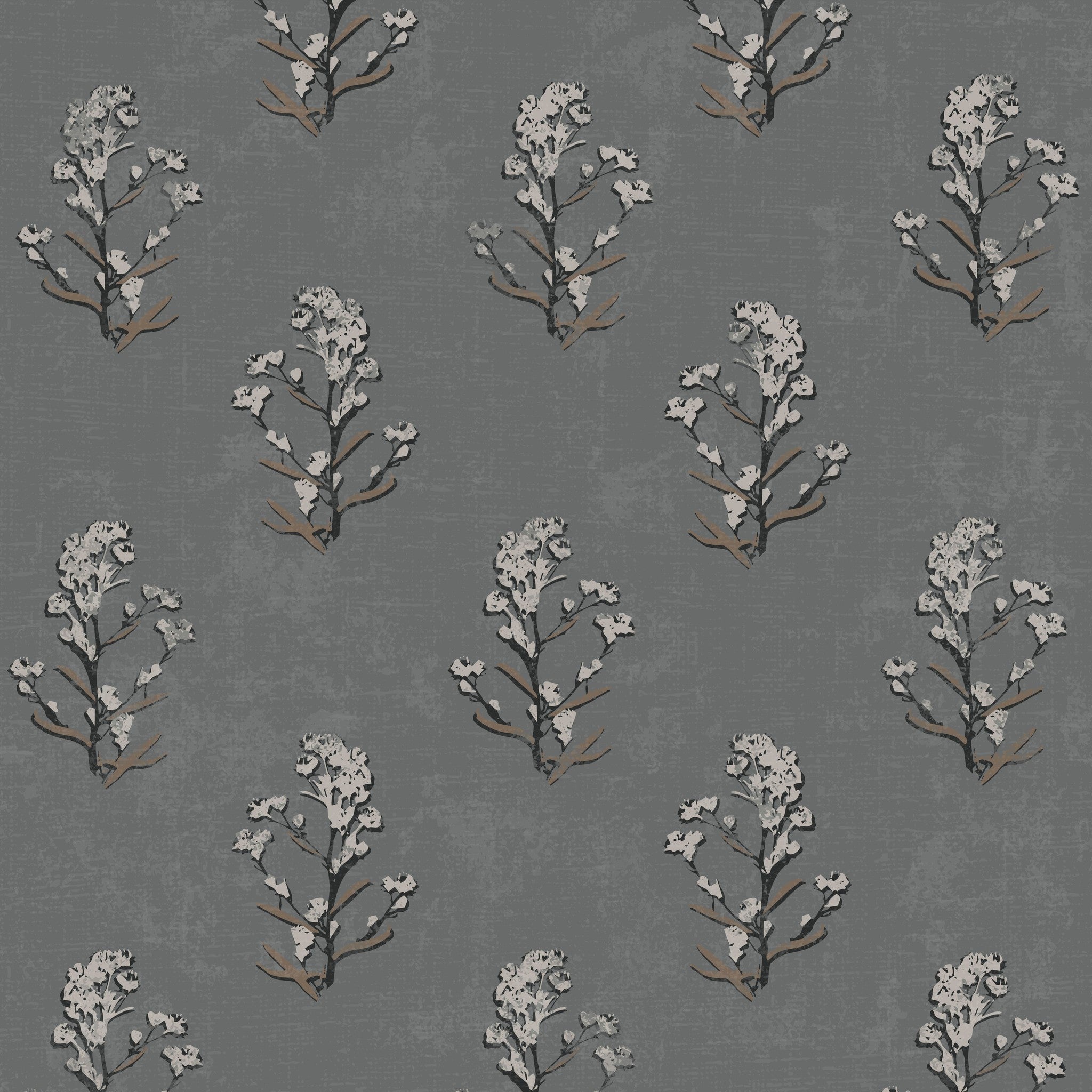 Slate floral wallpaper with white blossoms and branches on a textured background.