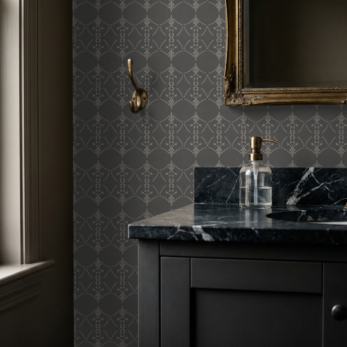 Slate grey ornamental trellis wallpaper in elegant bathroom setting with gold accents.