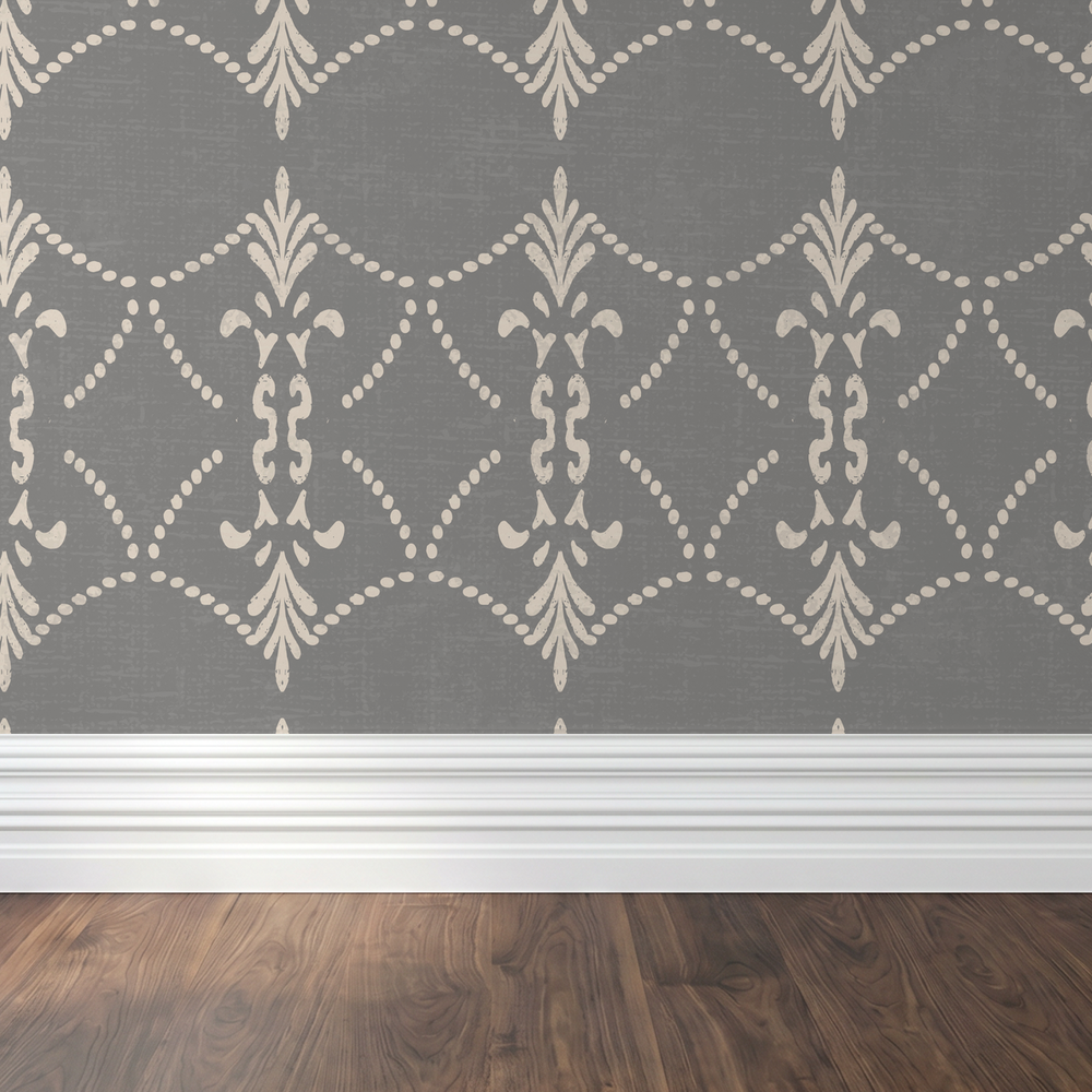 Slate grey wallpaper with cream ornamental trellis pattern in elegant setting.