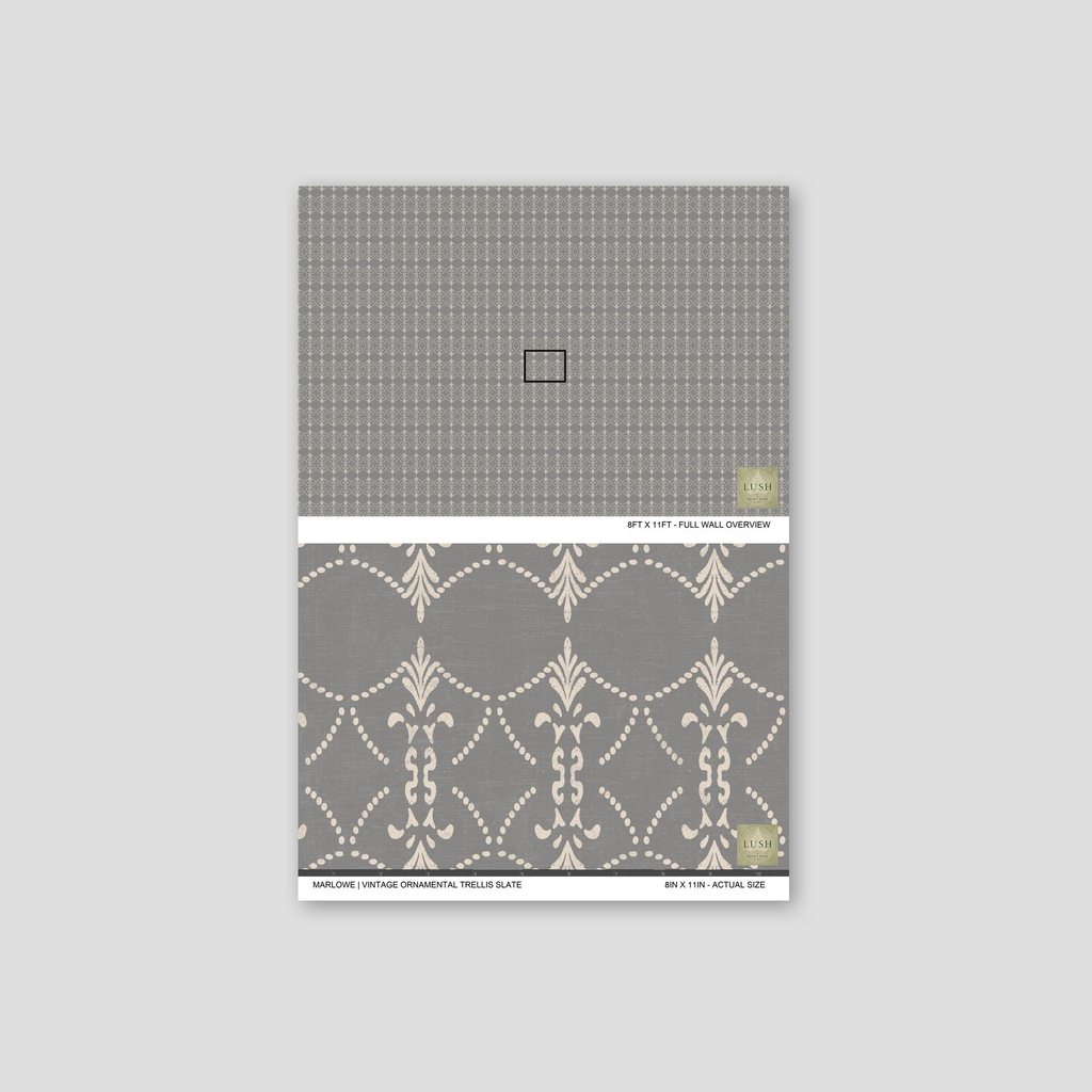 Slate grey wallpaper with cream ornamental trellis pattern sample.
