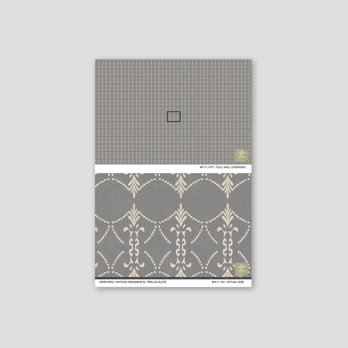 Slate grey wallpaper with cream ornamental trellis pattern sample.