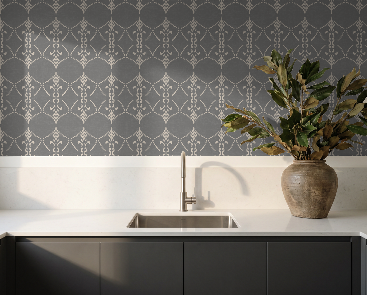 Slate ornamental trellis wallpaper in modern kitchen with vase