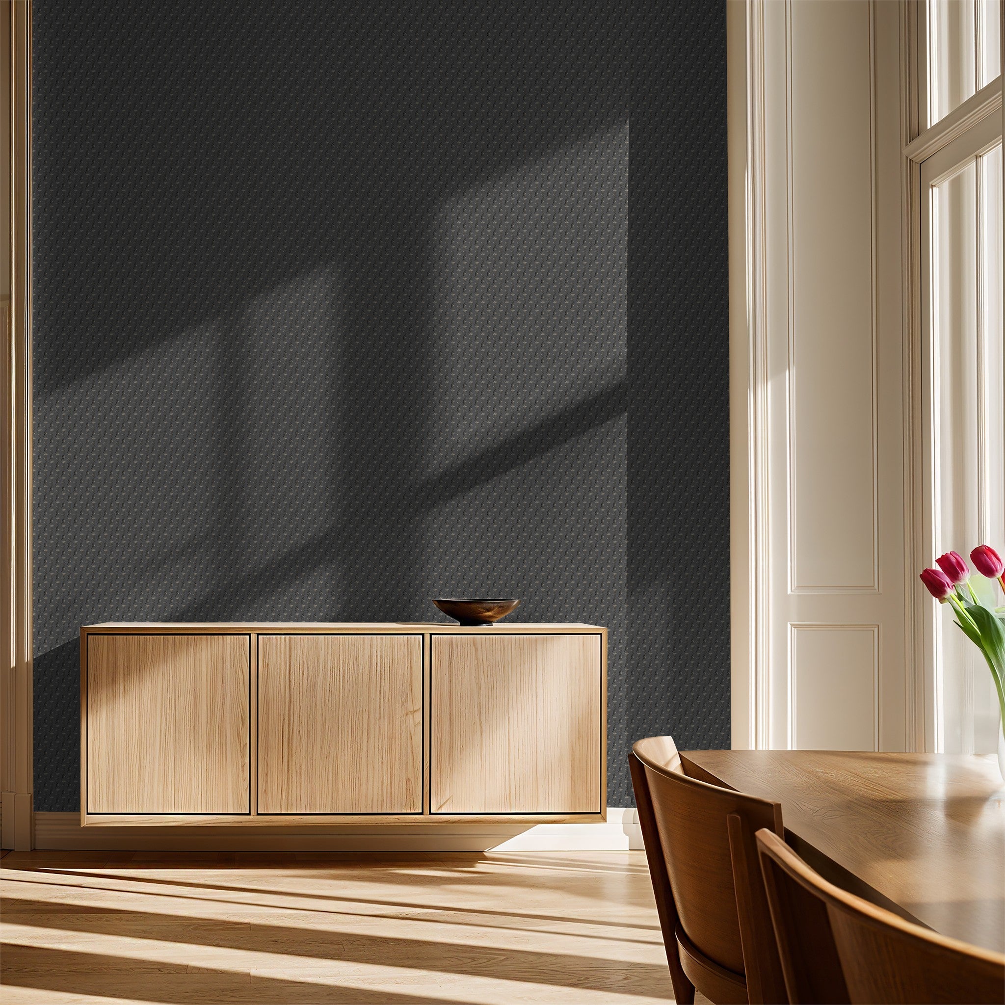 Slate vine wallpaper in elegant dining room with wooden furniture.