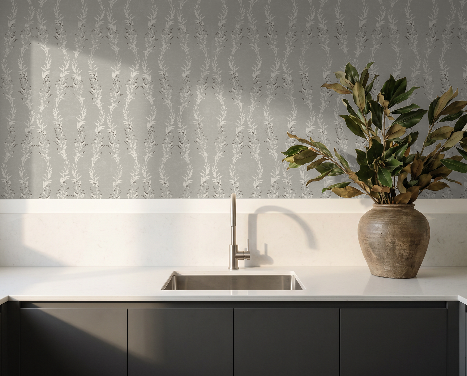 Stone floral garland wallpaper in modern kitchen with vase and sink