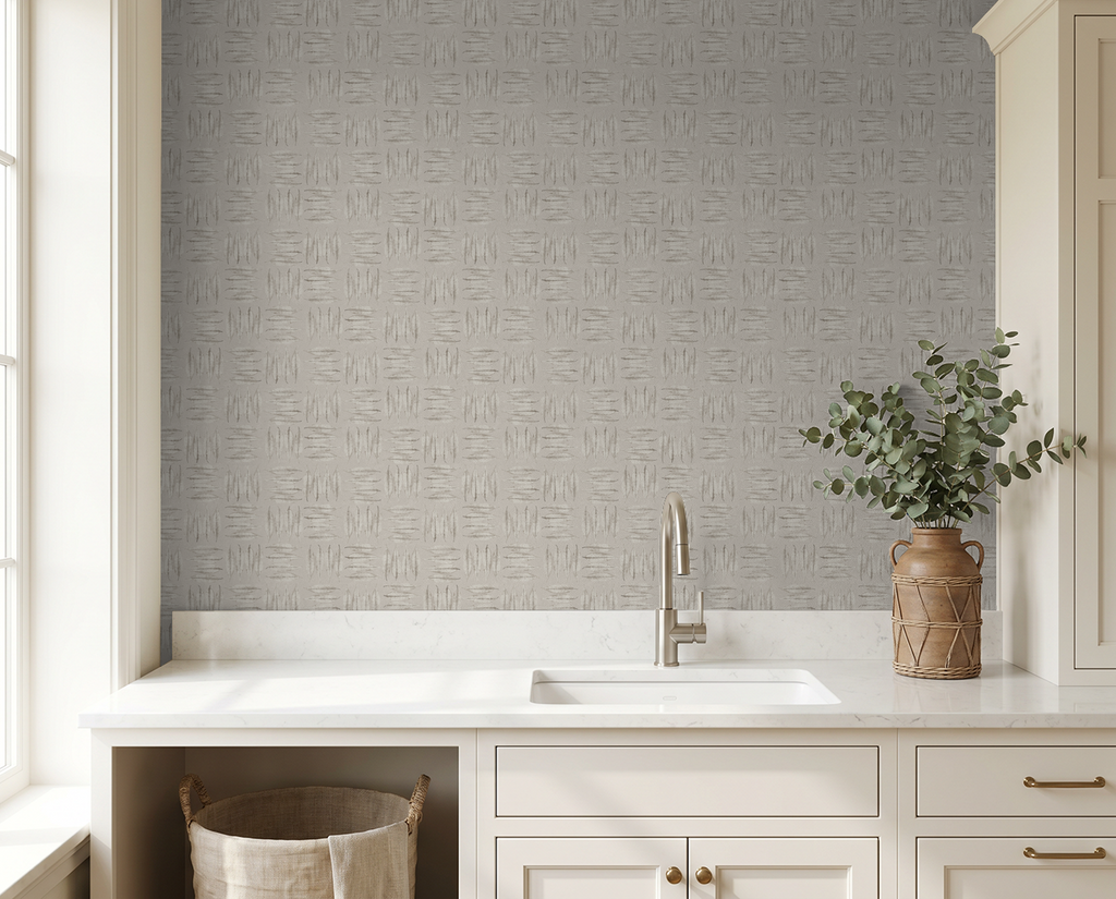 Stone leaf-patterned wallpaper in a modern kitchen with white cabinets and a vase.