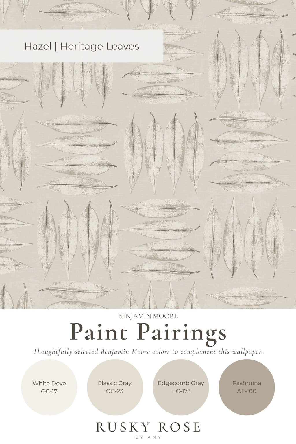 Stone leaf pattern wallpaper with paint pairings in neutral tones.