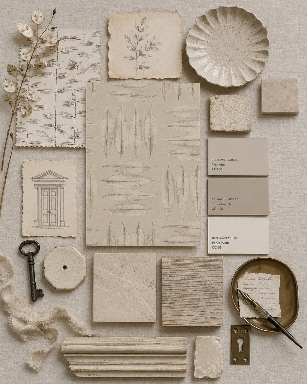 Stone leaf patterned wallpaper with vintage decor elements in neutral tones.