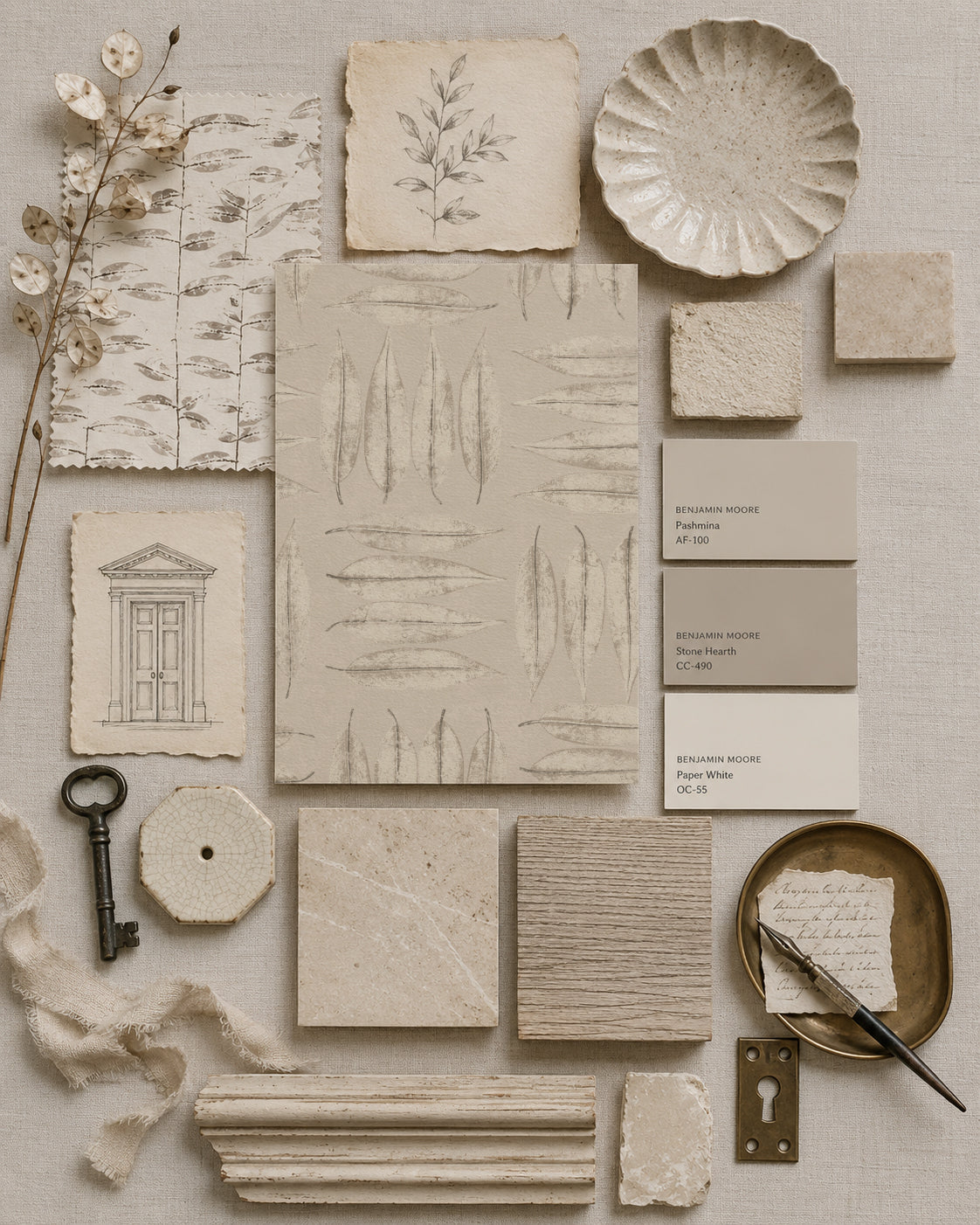 Stone leaf patterned wallpaper with vintage decor elements in neutral tones.