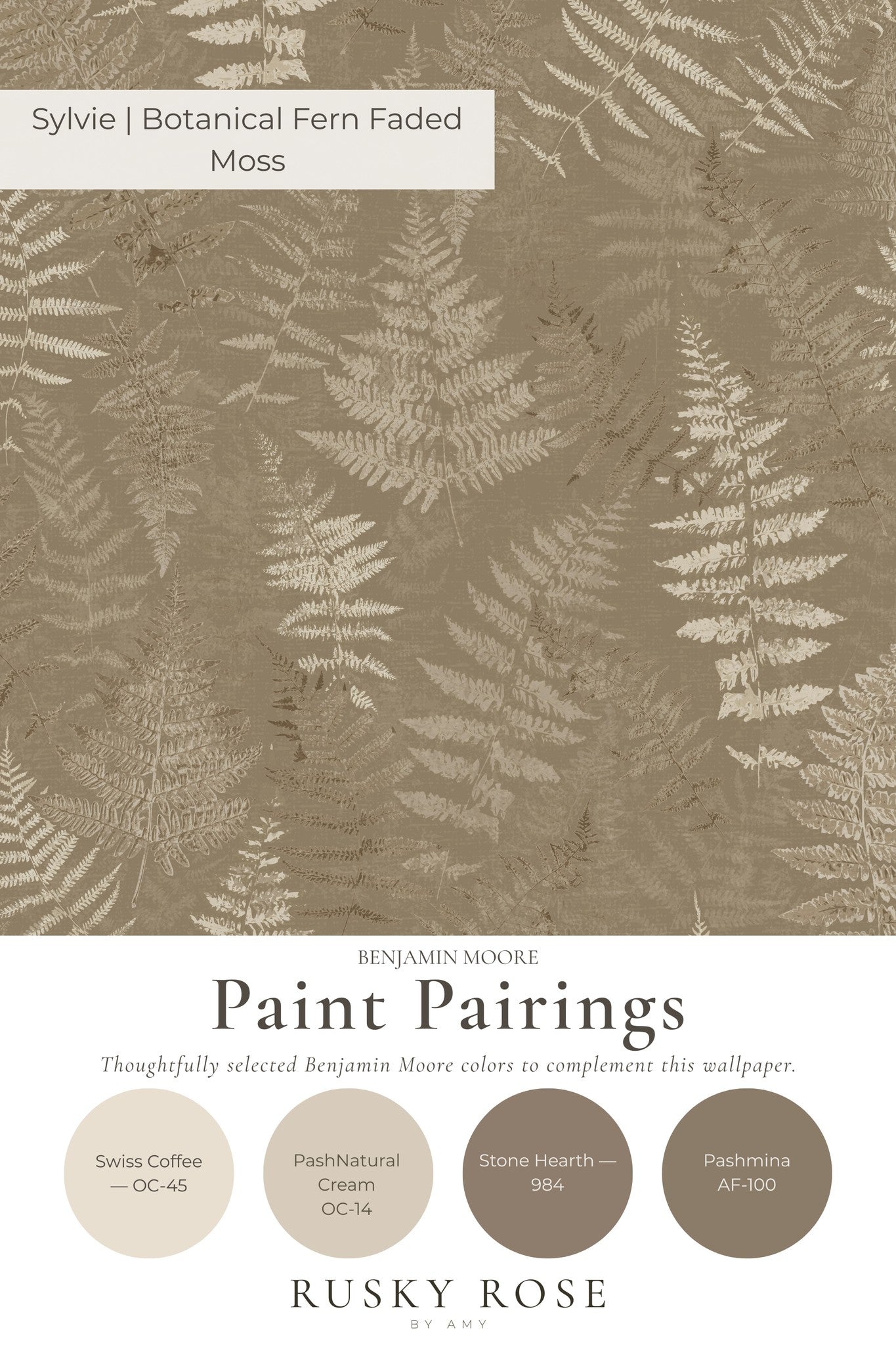 Sylvie botanical fern faded moss wallpaper with taupe and cream fern patterns.