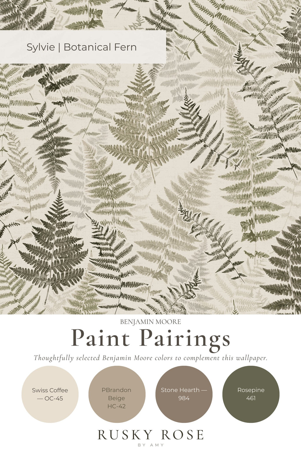 Sylvie Botanical Fern wallpaper with green and brown fern pattern on cream background.