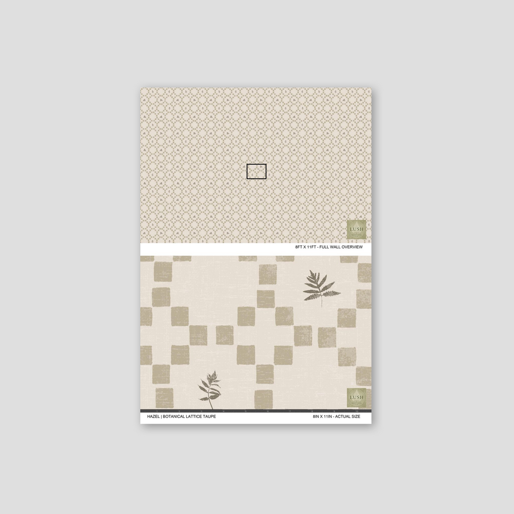 Taupe botanical lattice wallpaper with checkered leaf pattern sample.