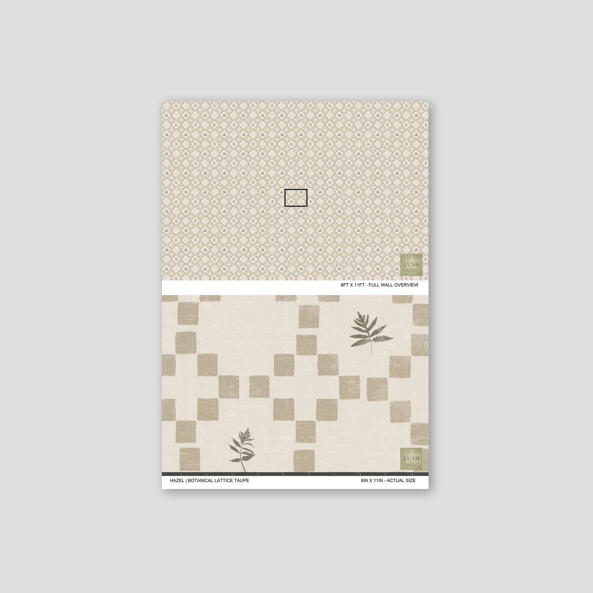 Taupe botanical lattice wallpaper with checkered leaf pattern sample.