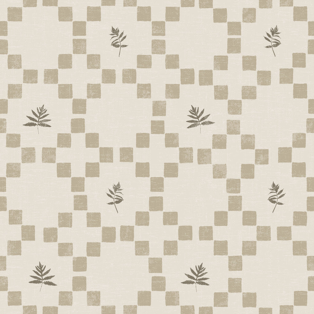 Taupe botanical lattice wallpaper with leaf motifs and checkered pattern