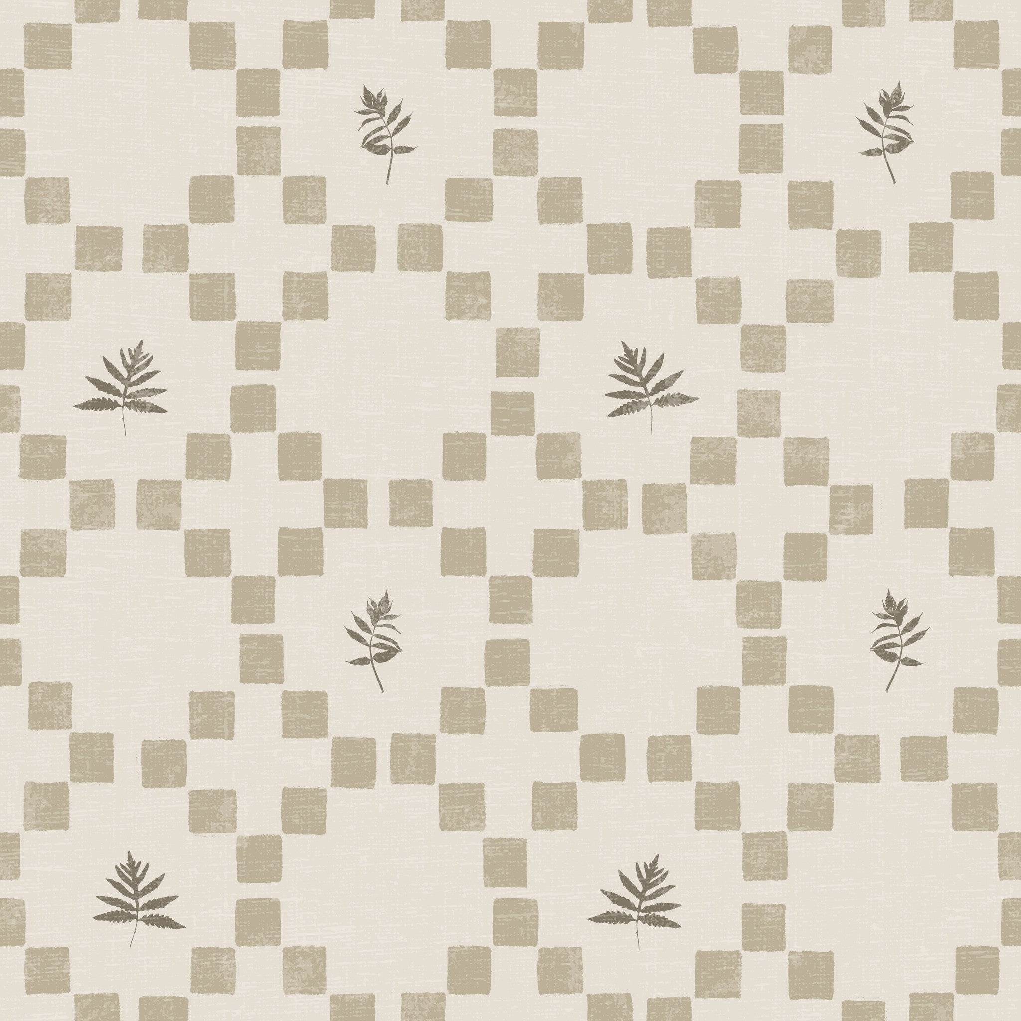 Taupe botanical lattice wallpaper with leaf motifs and checkered pattern