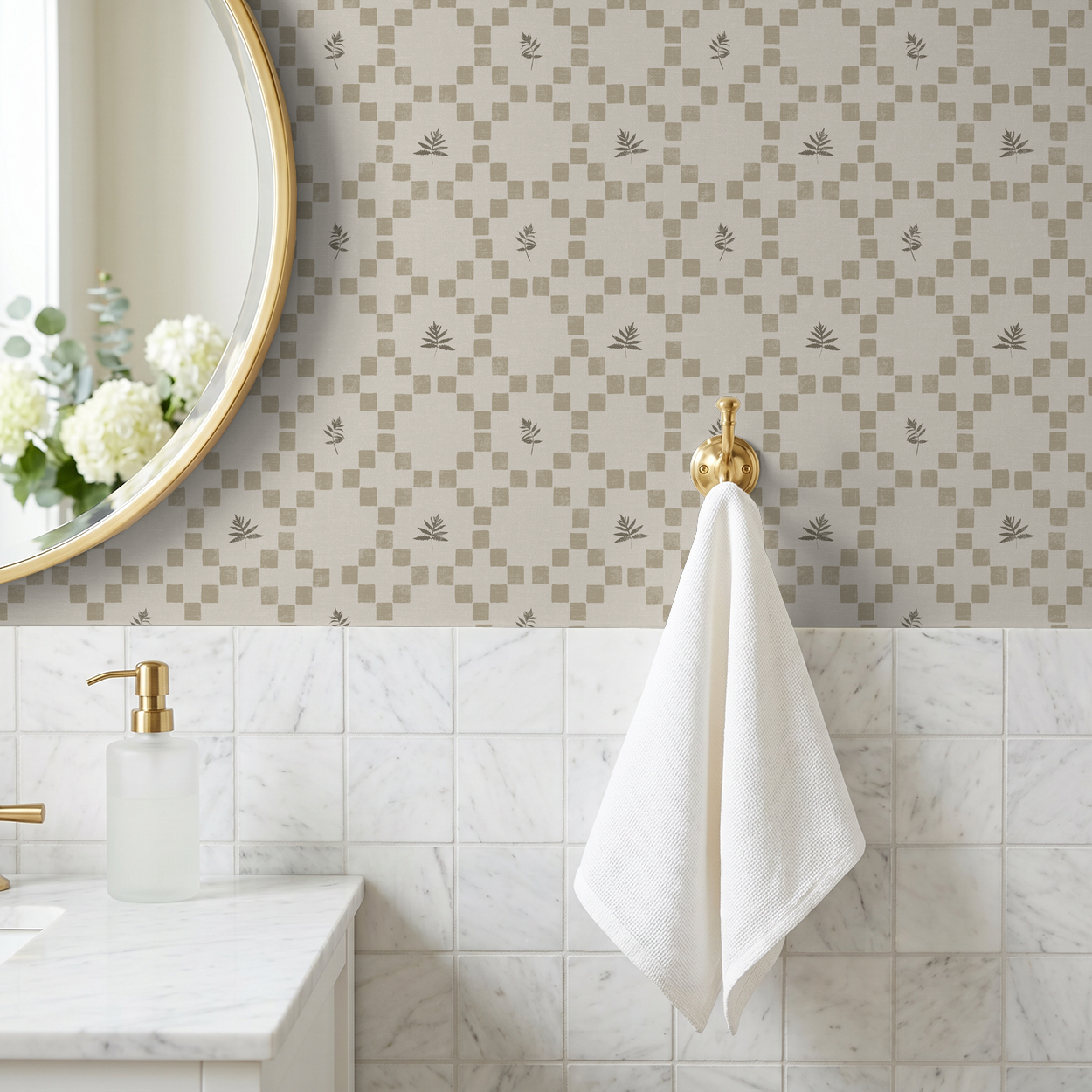 Taupe botanical lattice wallpaper in elegant bathroom with marble tiles.