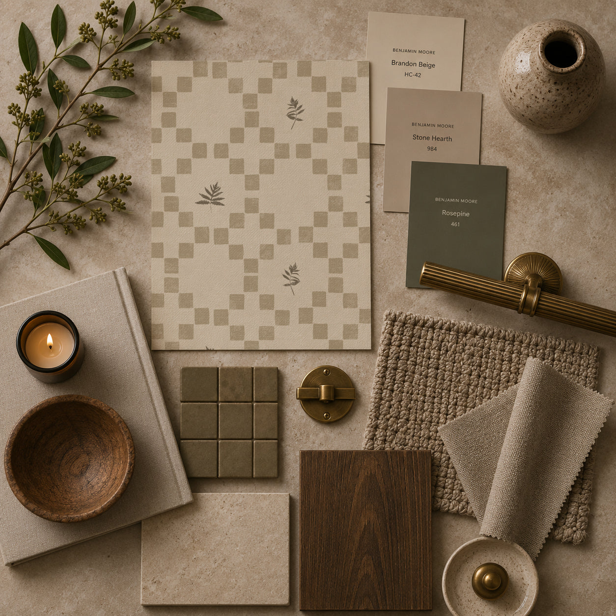 Taupe botanical lattice wallpaper sample with earthy decor elements.