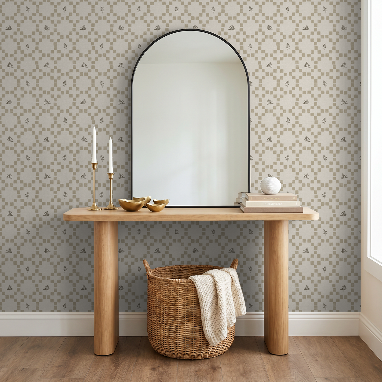 Taupe botanical lattice wallpaper in modern room with mirror and wooden decor.