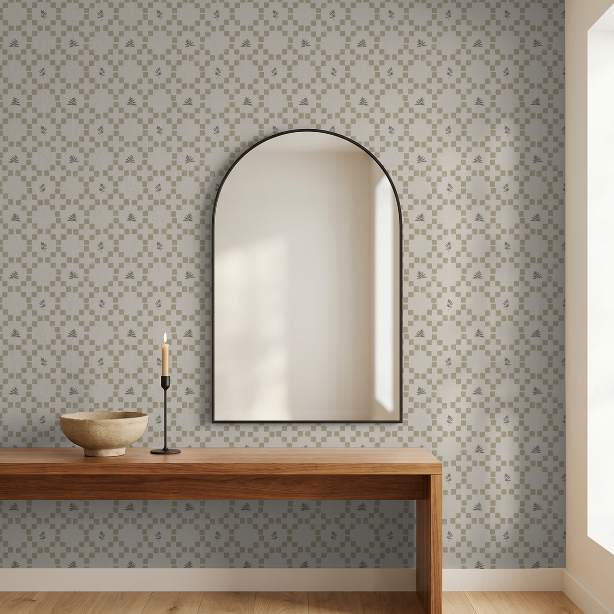 Taupe botanical lattice wallpaper in modern room with wooden console and mirror.