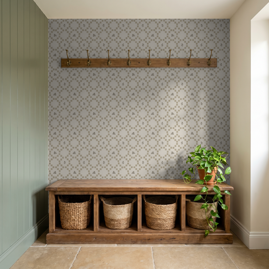 Taupe botanical lattice wallpaper in rustic entryway with wooden bench and plant.