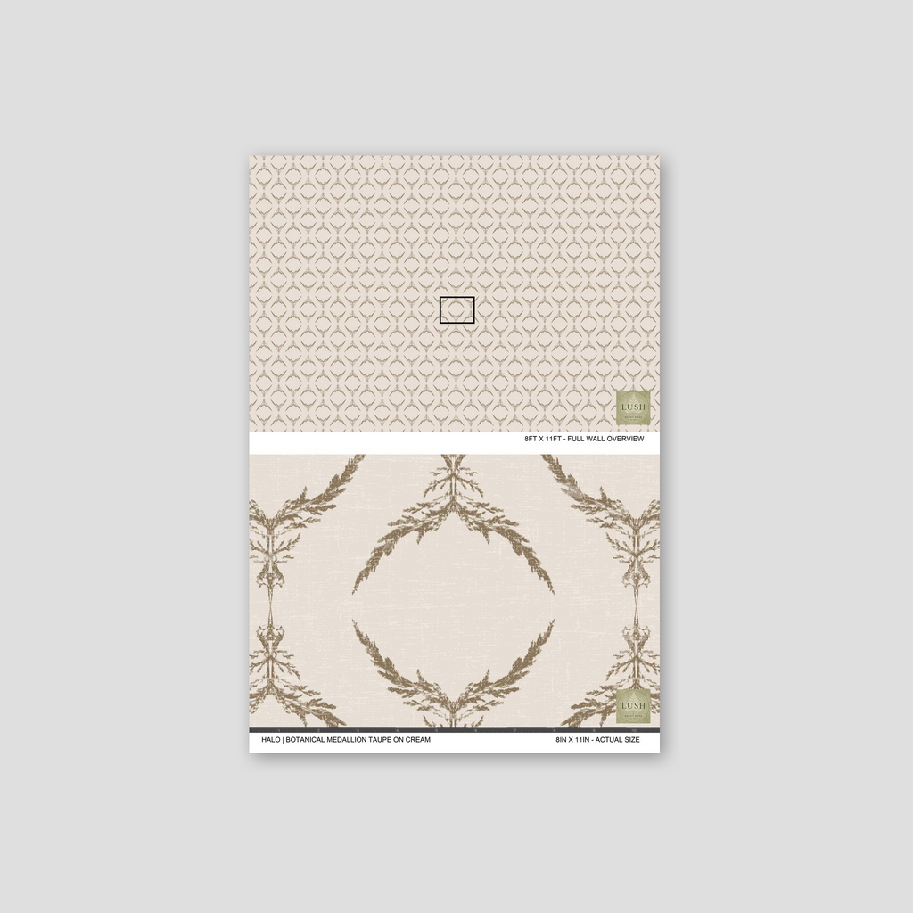 Taupe botanical medallion pattern on cream wallpaper sample.