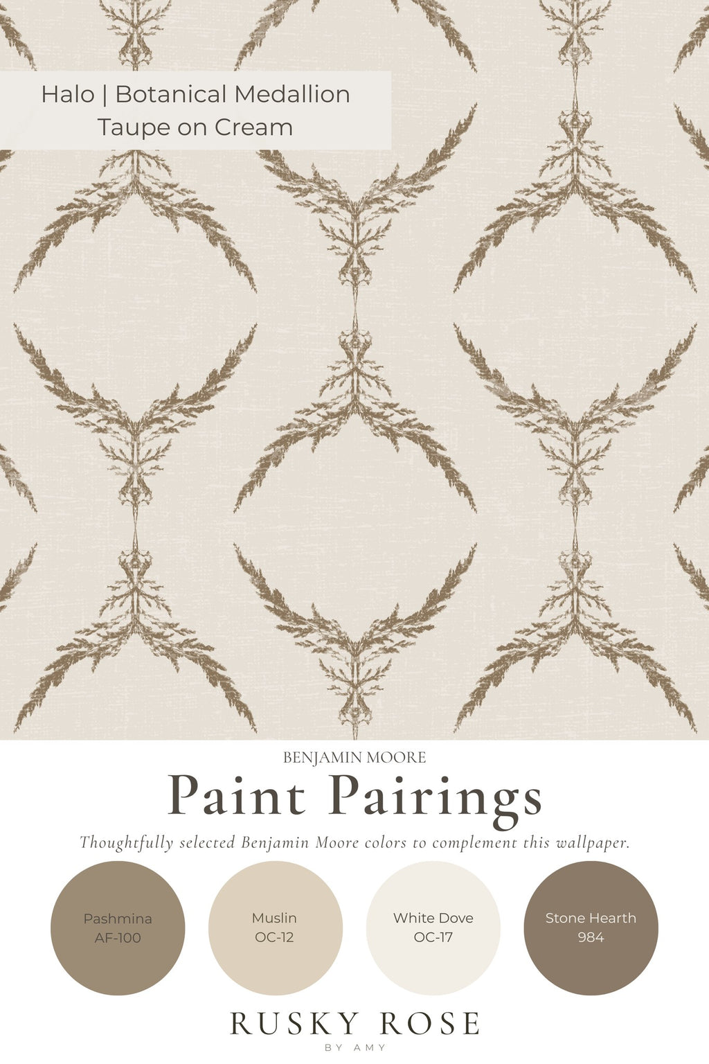 Taupe botanical medallion wallpaper on cream background with paint pairings.