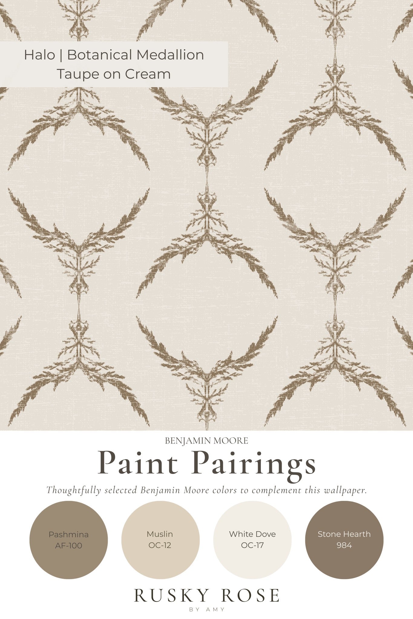 Taupe botanical medallion wallpaper on cream background with paint pairings.