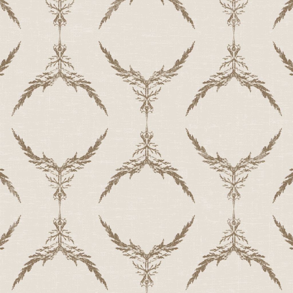 Taupe botanical medallion wallpaper on cream background with intricate pattern.