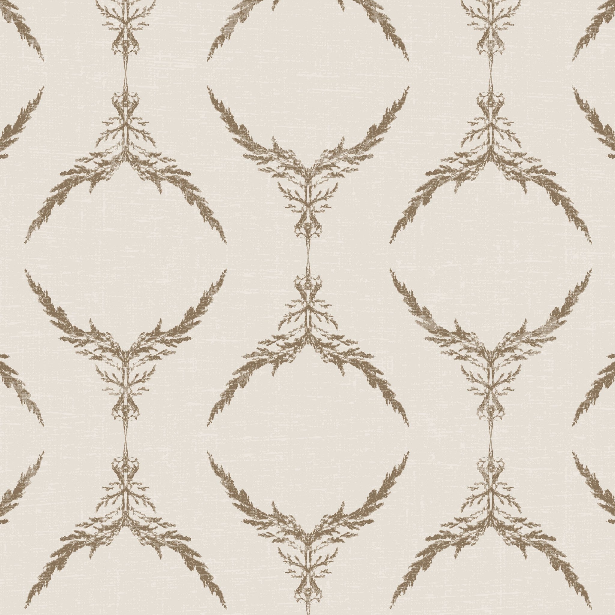 Taupe botanical medallion wallpaper on cream background with intricate pattern.
