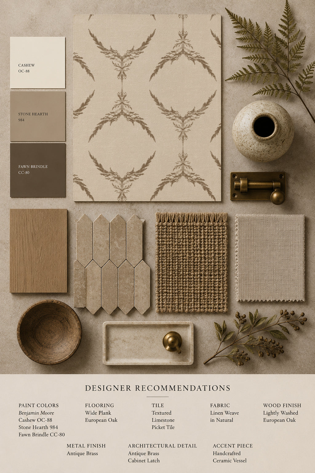 Taupe botanical medallion wallpaper with decor samples in earthy tones.