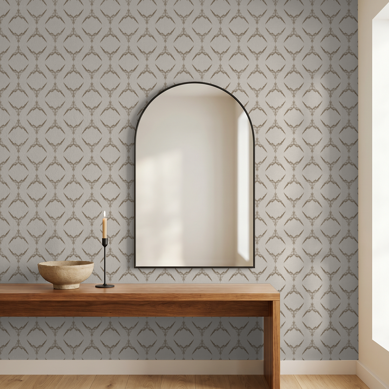 Taupe botanical medallion wallpaper in modern room with mirror and wooden table.