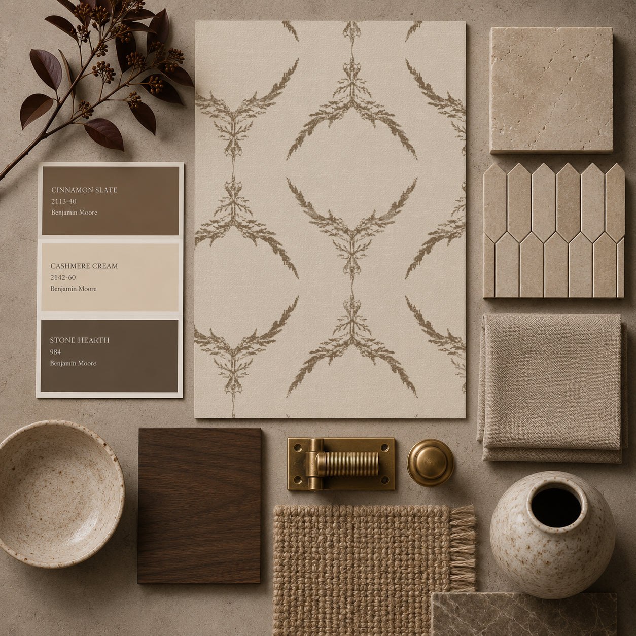 Taupe botanical medallion wallpaper sample with decor elements in neutral tones.