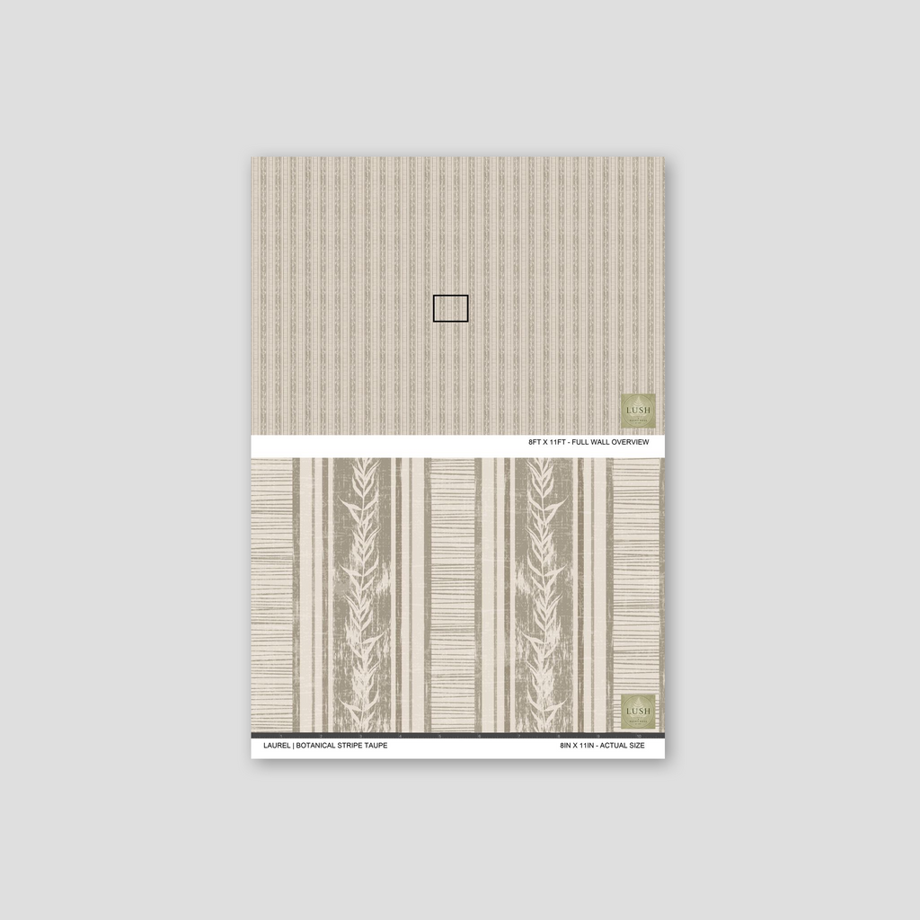 Taupe botanical stripe wallpaper with leaf motifs and vertical lines.