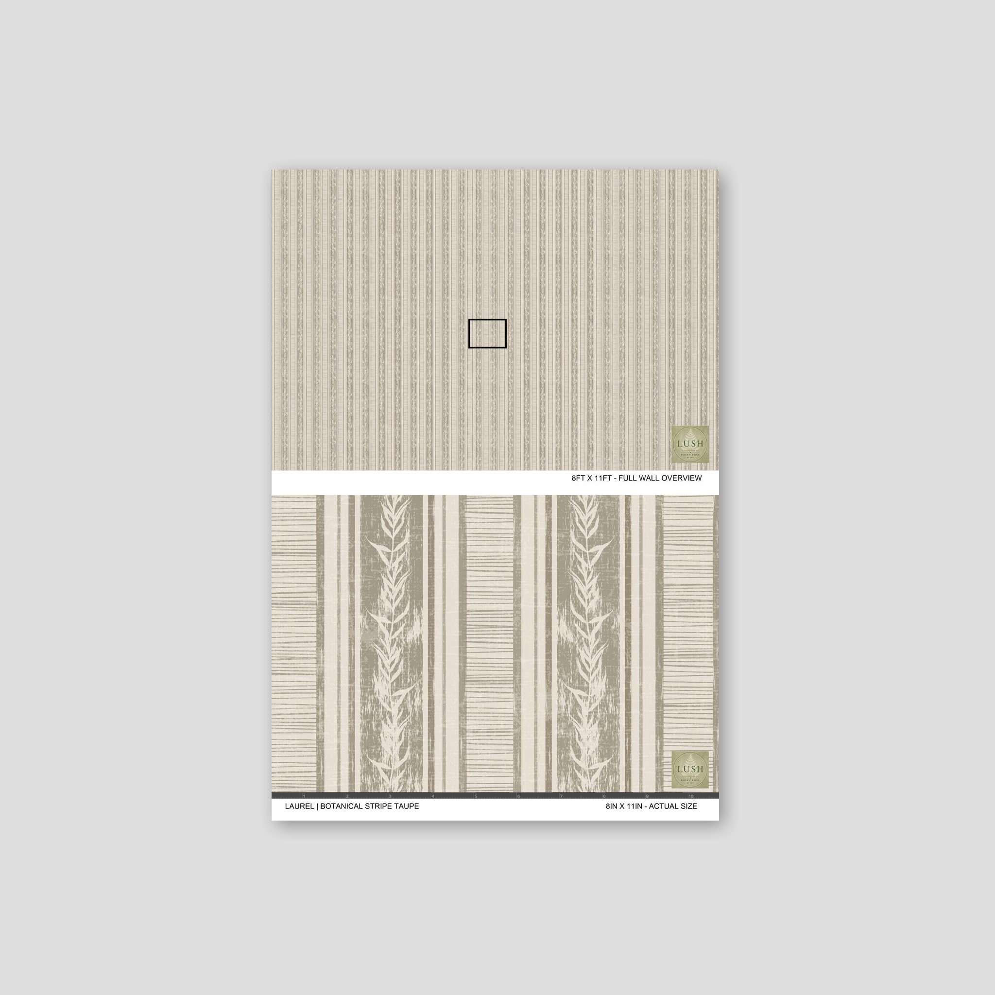 Taupe botanical stripe wallpaper with leaf motifs and vertical lines.