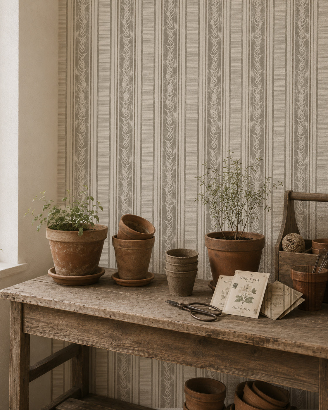 Taupe botanical stripe wallpaper in rustic room with potted plants and wooden table.
