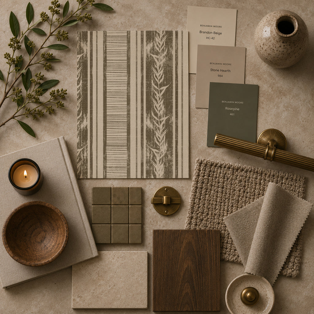 Taupe botanical stripe wallpaper sample with decor elements in earthy tones.