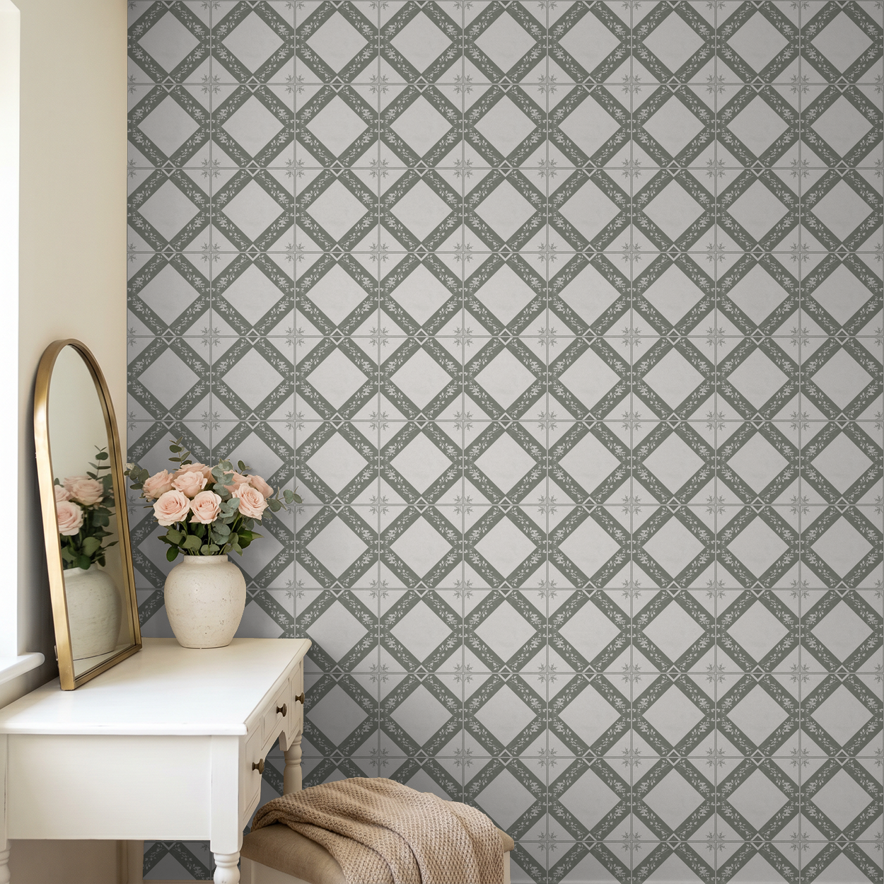 Taupe botanical trellis wallpaper in elegant room with vanity and flowers.
