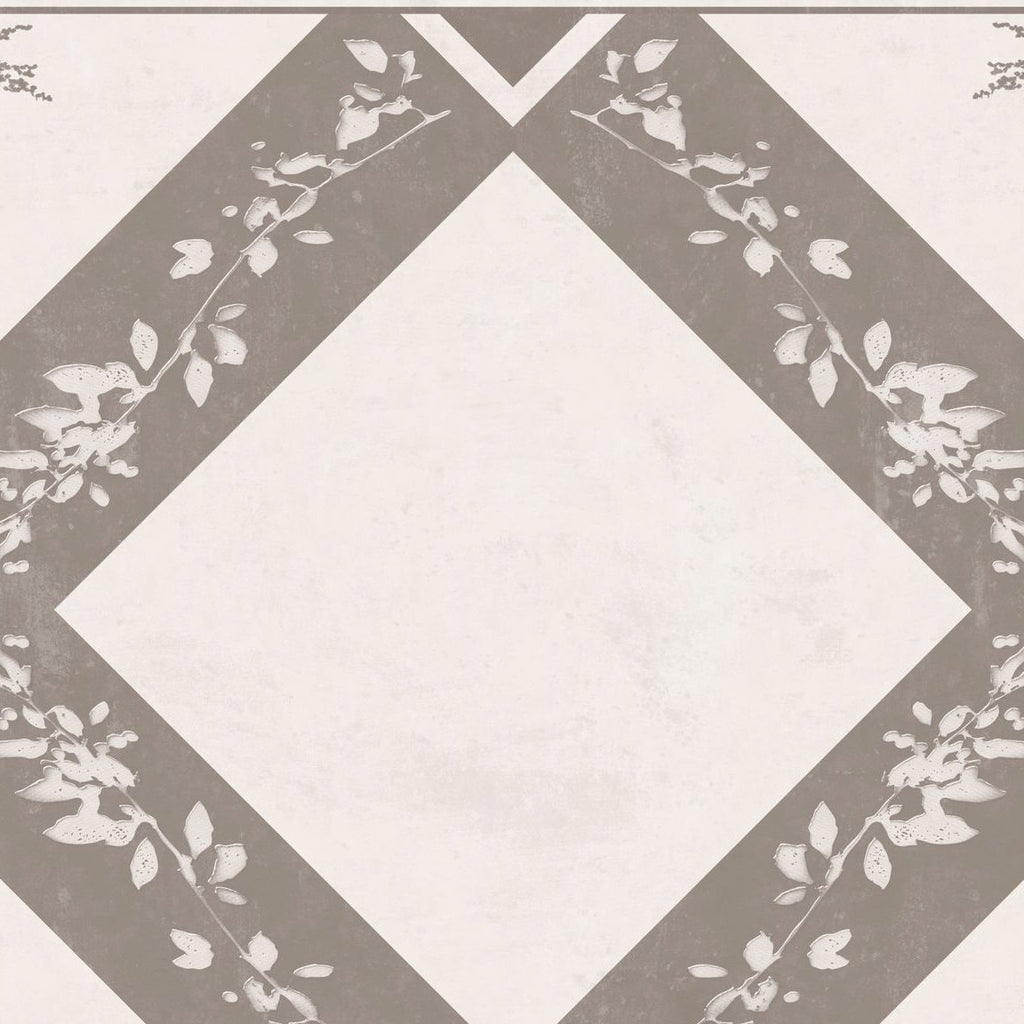 Taupe botanical trellis wallpaper with floral and geometric patterns
