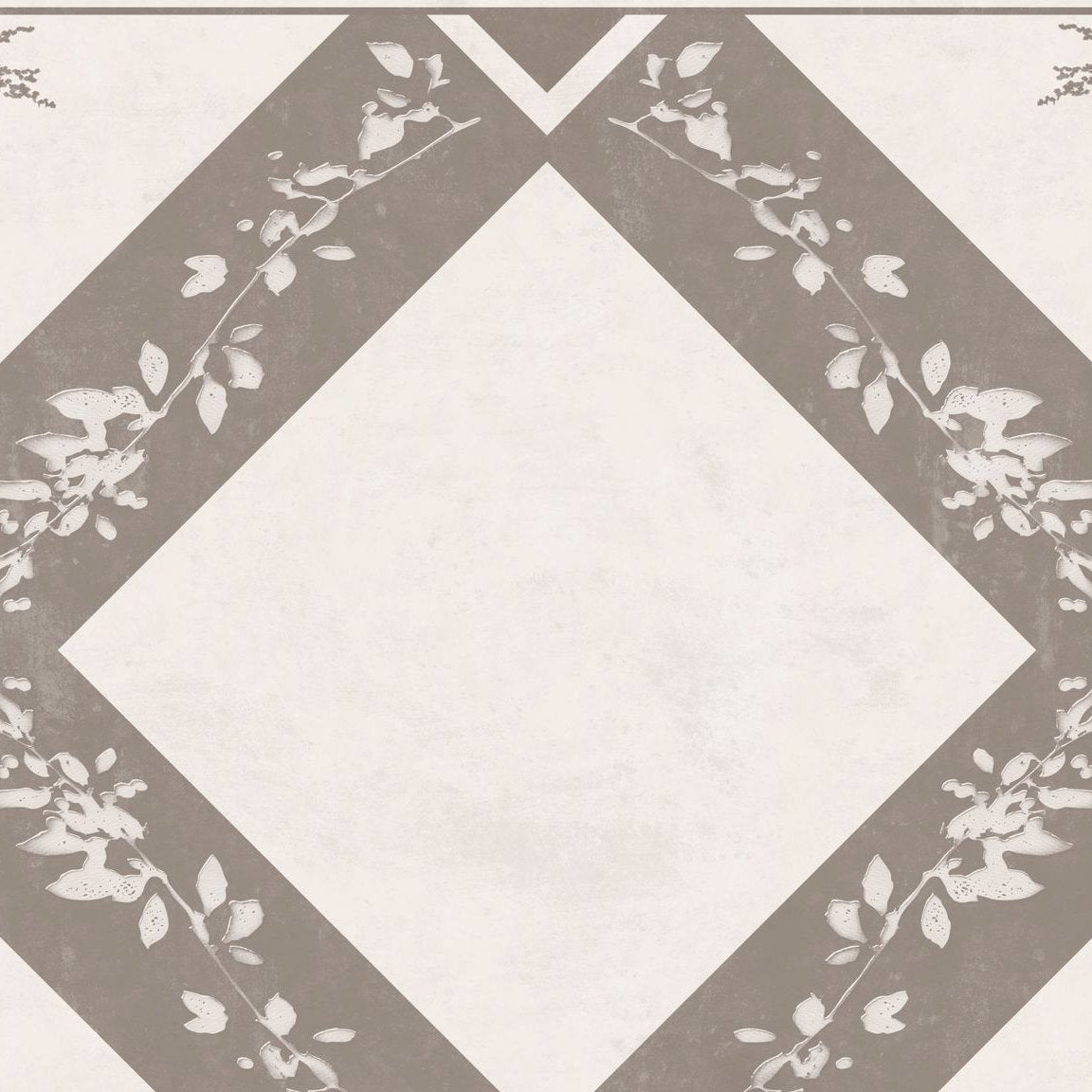 Taupe botanical trellis wallpaper with floral and geometric patterns