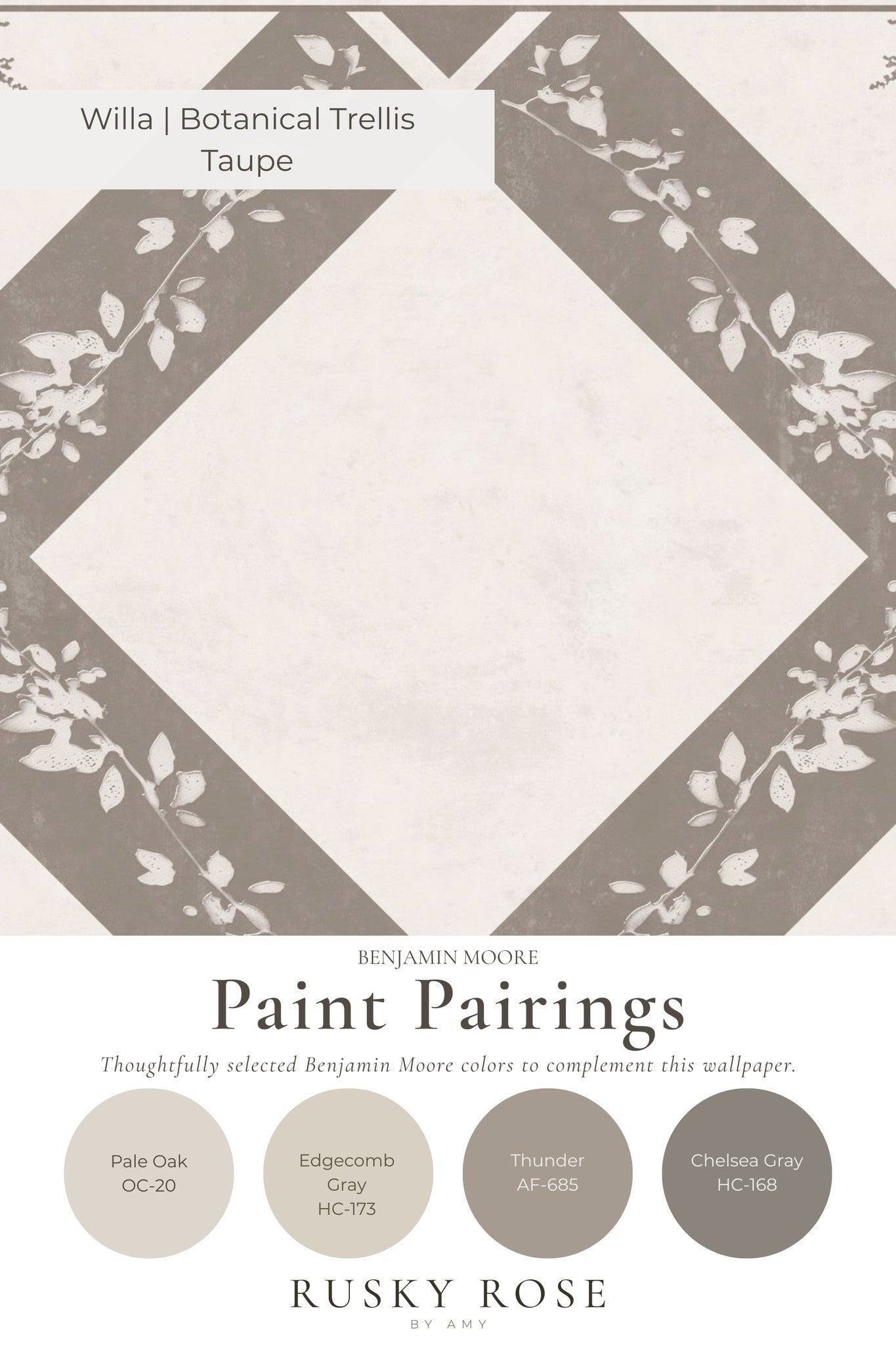 Taupe botanical trellis wallpaper with floral geometric pattern.