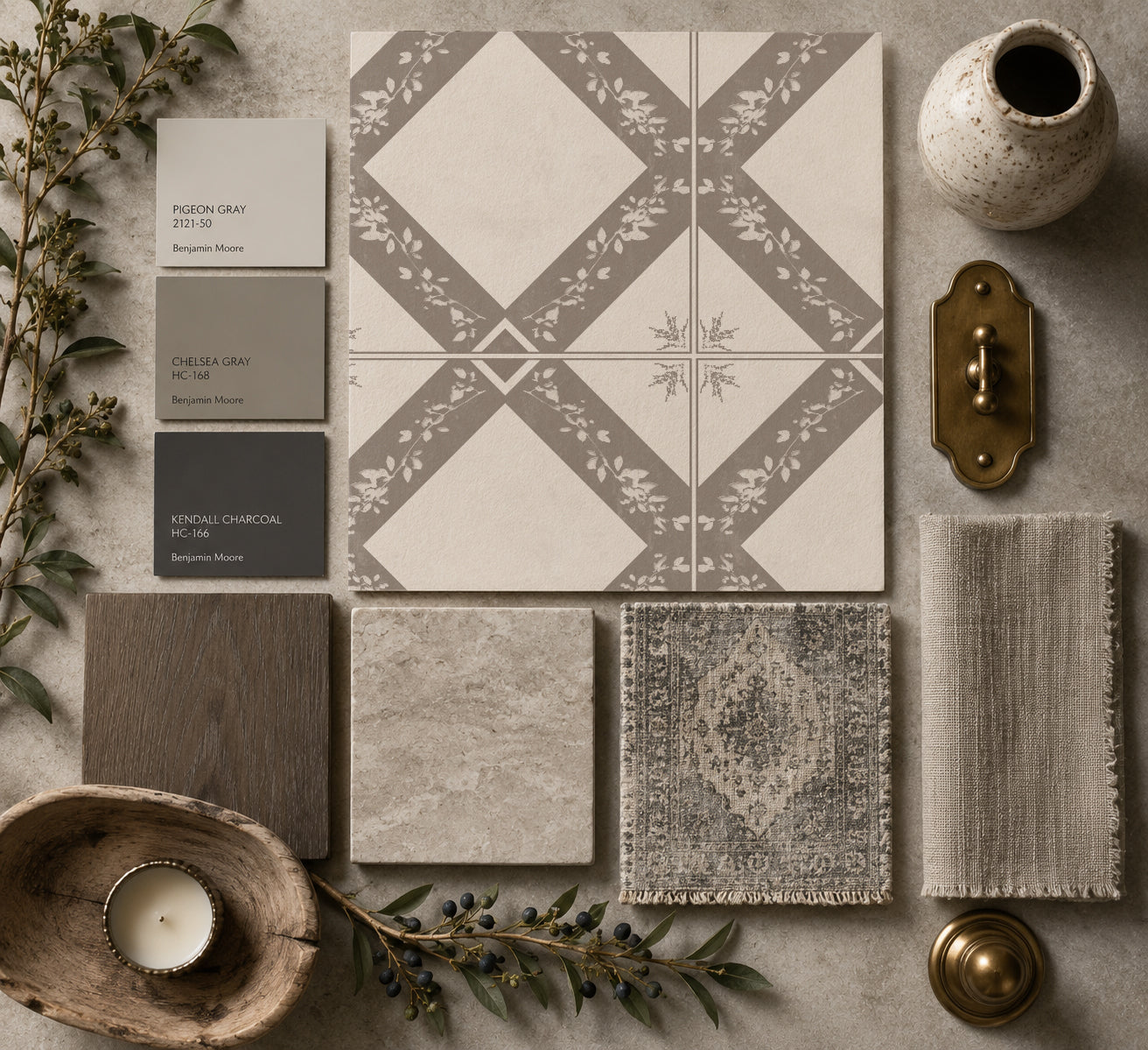 Taupe botanical trellis wallpaper with floral and geometric patterns in a rustic flatlay.