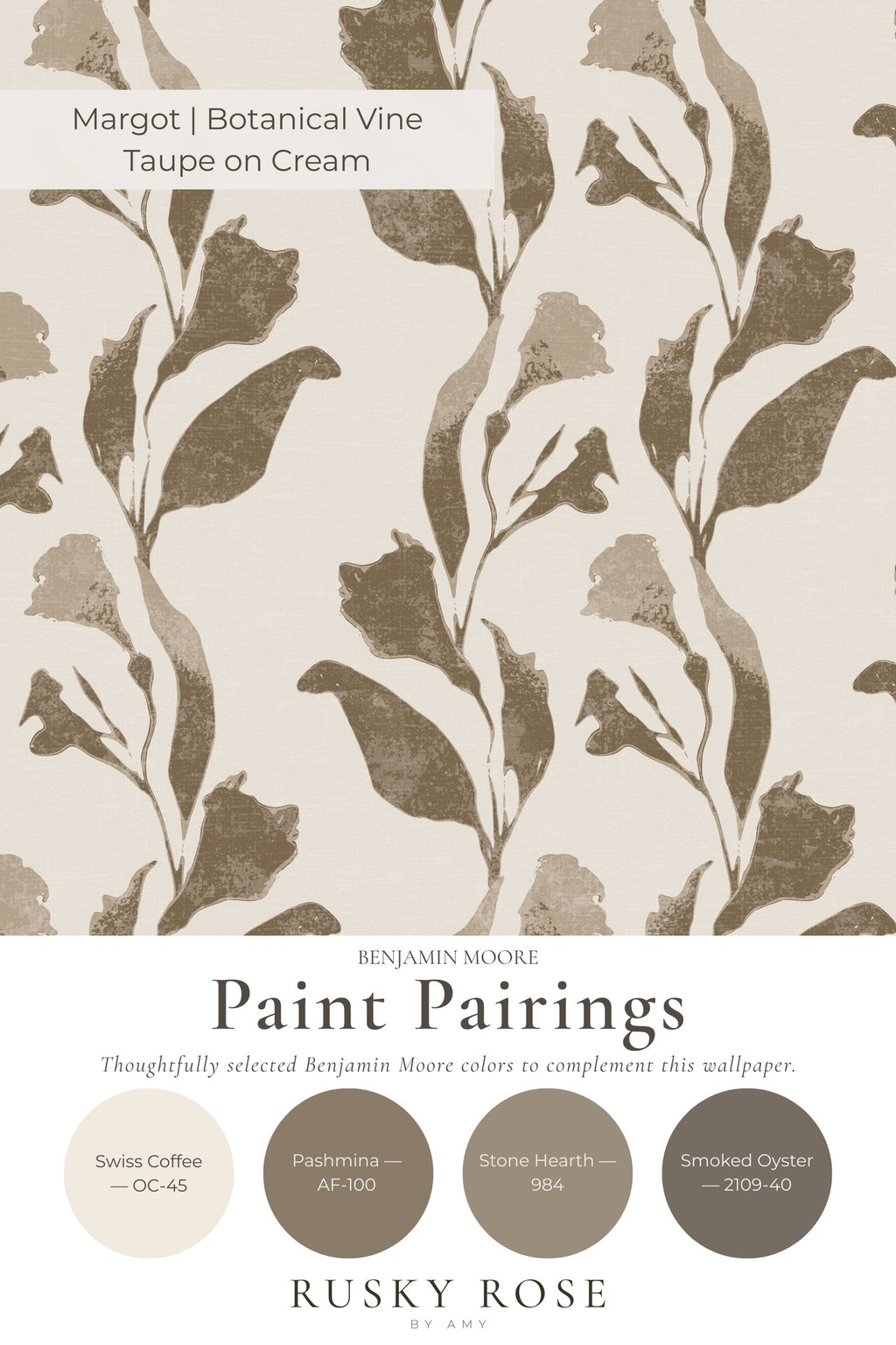 Taupe botanical vine wallpaper on cream background with paint pairings.