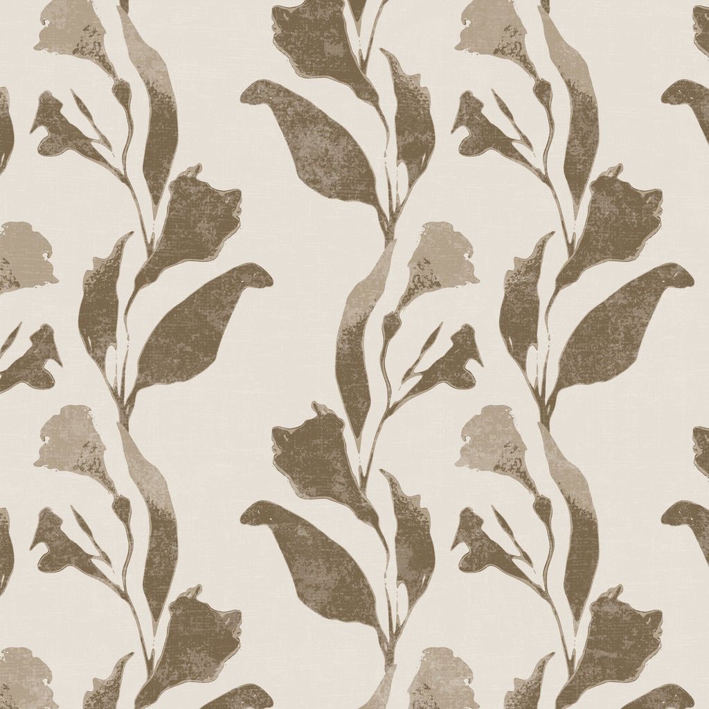 Taupe botanical vine wallpaper on cream background with vintage floral pattern.