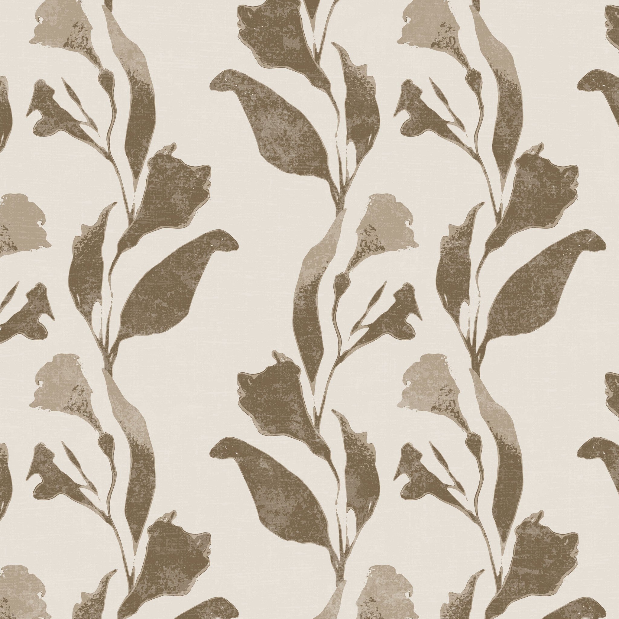 Taupe botanical vine wallpaper on cream background with vintage floral pattern.