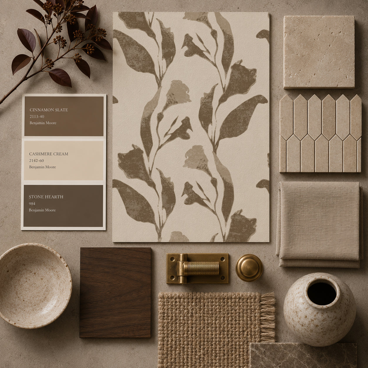 Taupe botanical vine wallpaper sample with earthy decor elements.