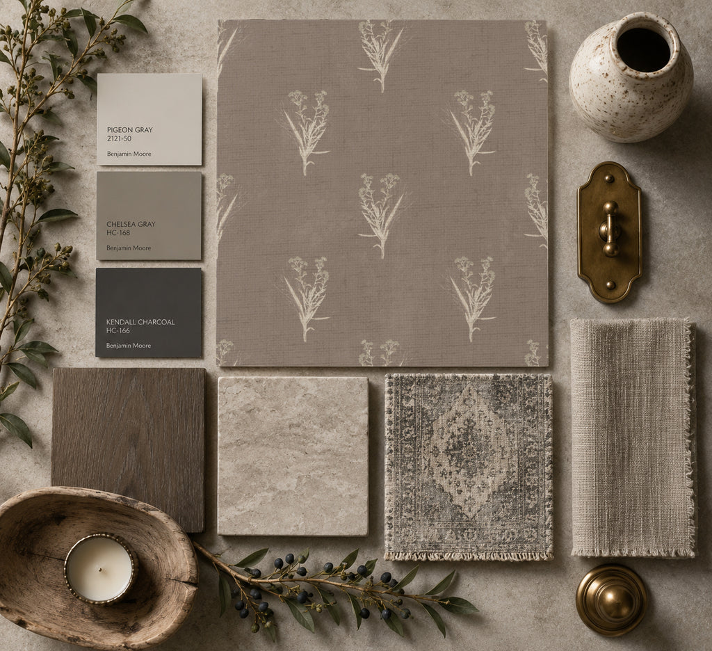 Taupe wallpaper with ivory botanical motifs, surrounded by rustic decor elements.