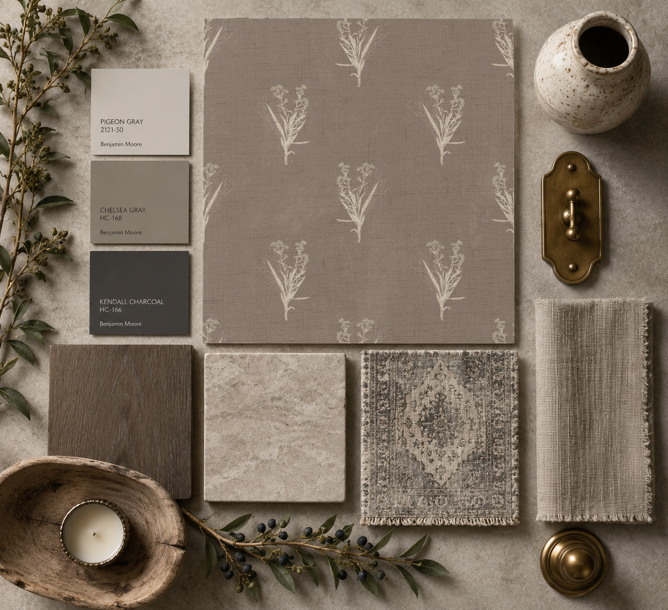 Taupe wallpaper with ivory botanical motifs, surrounded by rustic decor elements.