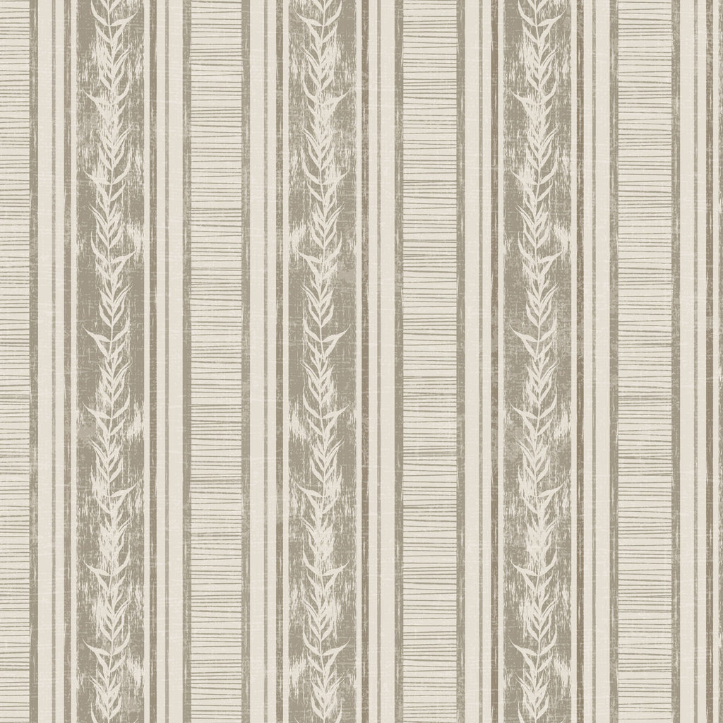 Taupe and cream botanical stripe wallpaper with leaf motifs