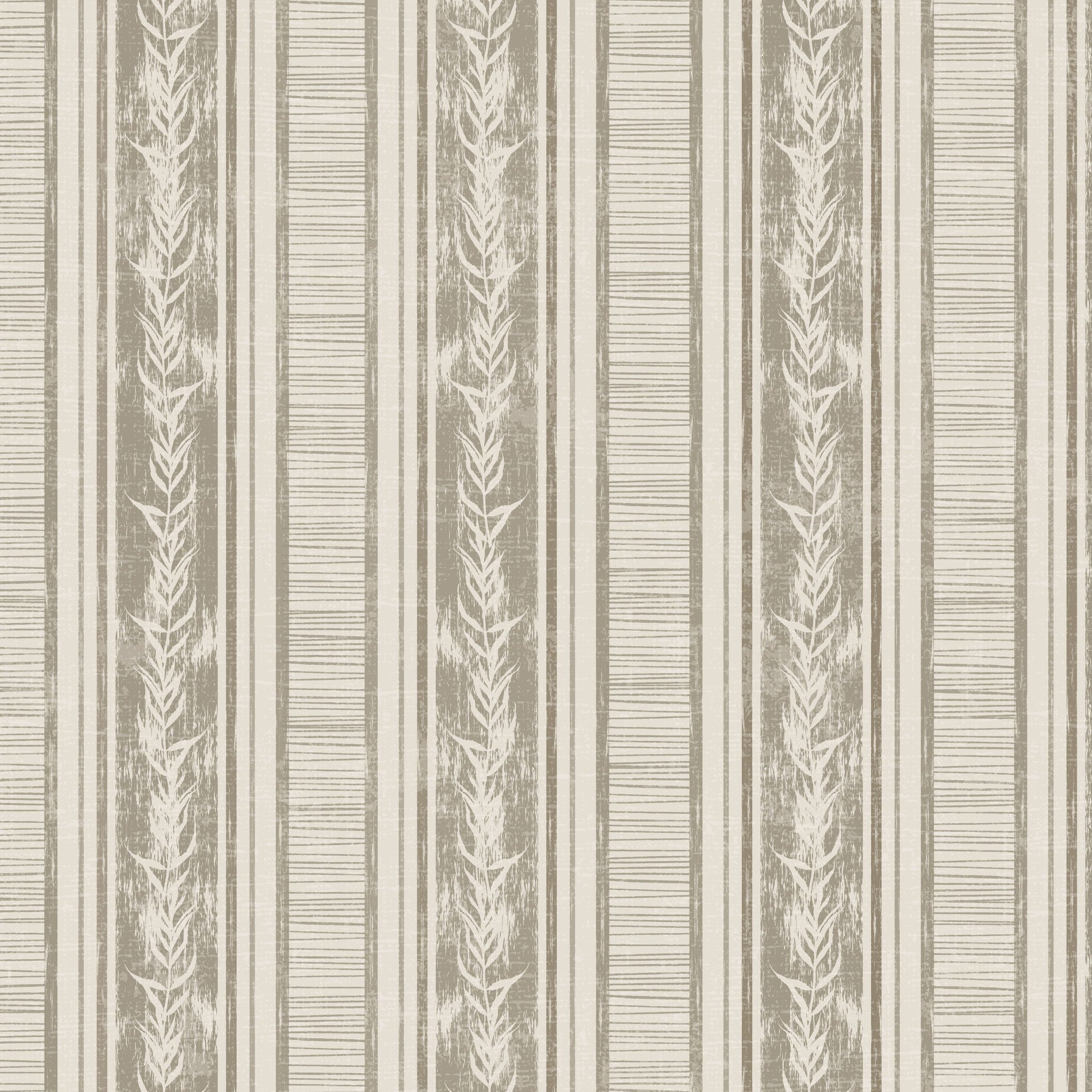Taupe and cream botanical stripe wallpaper with leaf motifs