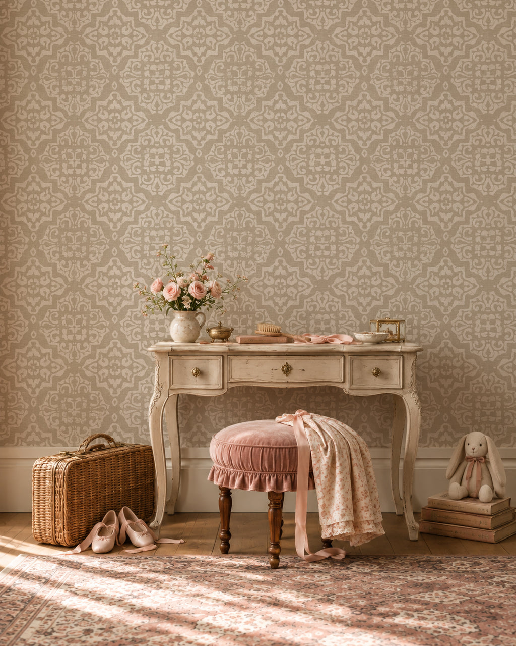 Taupe and cream damask wallpaper in elegant vintage room with ornate desk.
